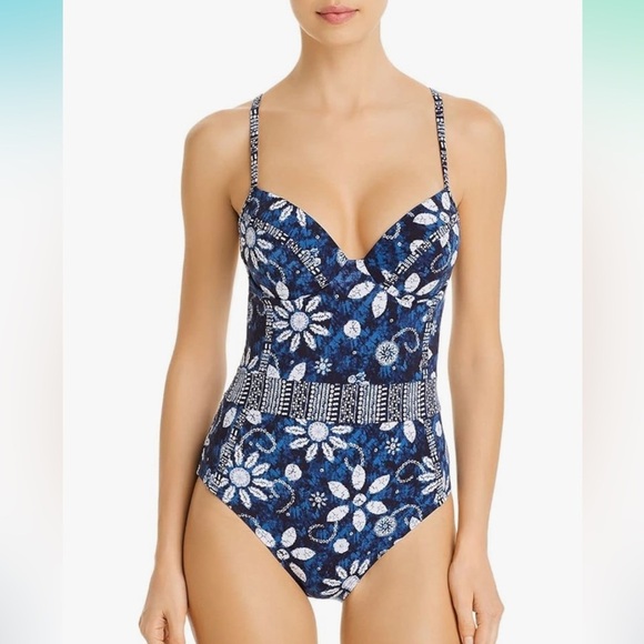 Bleu Rod Beattie Deep blue Floral One-Piece Swimsuit Bathing Suit size 12 - Picture 1 of 11